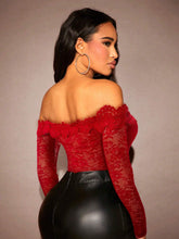 1pc Women's Solid Color Off-Shoulder Long Sleeve Lace Bodysuit, Fashionable And Elegant